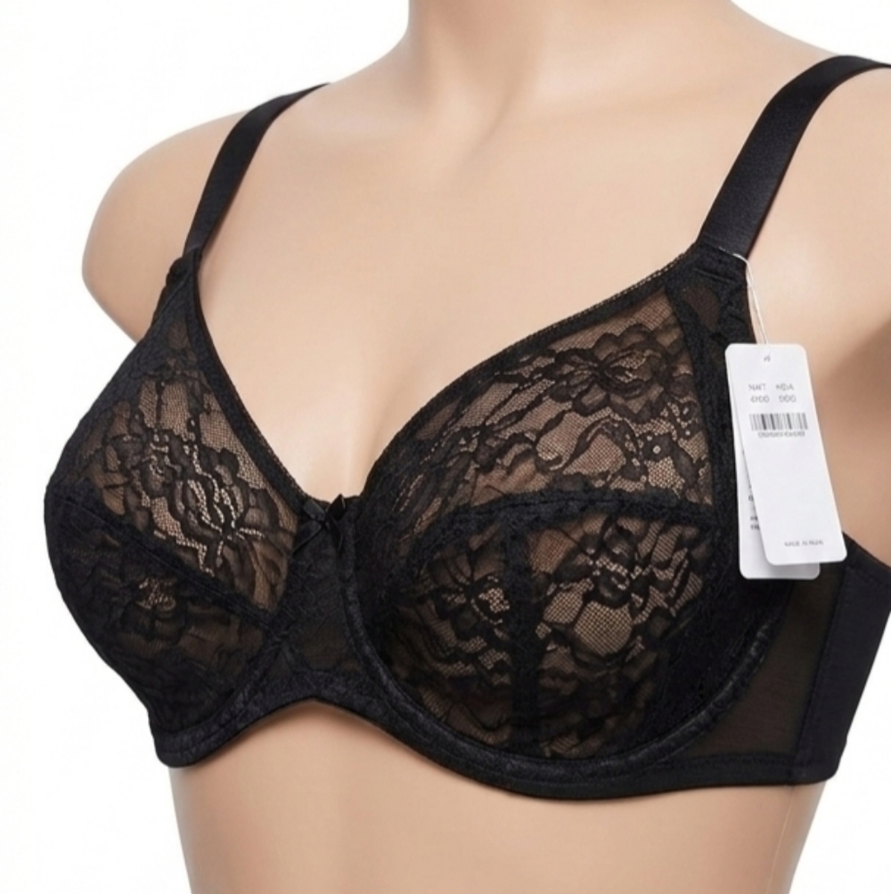 46DD Black Lace Unlined Minimizer Underwire Floral Lace Bra NWT Hsia